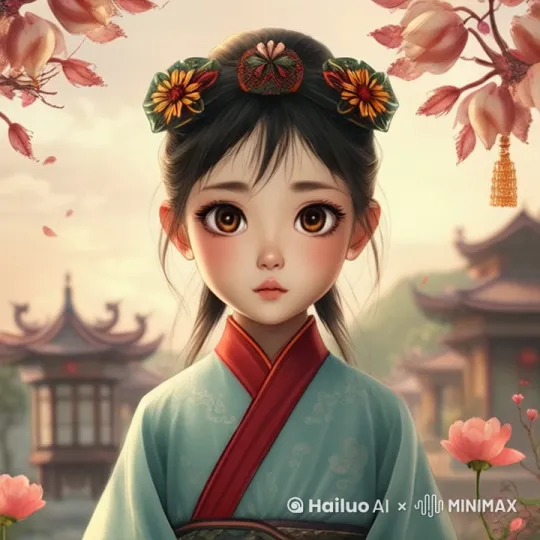 以这张图片为基础，创作一个5秒左右的视频。视频内容展现一位年轻女孩，她的表情充满哀伤和失落感，类似于《大鱼海棠》中的椿在失去楸后的情感状态。女孩站在一个充满中国传统文化元素的背景中，周围是飘落的落叶。视频的主要行为是女孩与飘落的落叶有一个微妙的互动，她的眼神从最初的茫然逐渐转变为深深的哀伤。整个场景应该体现出浓厚的中国风，背景可以包括传统的建筑和自然景观 by Hailuo AI Video Generator