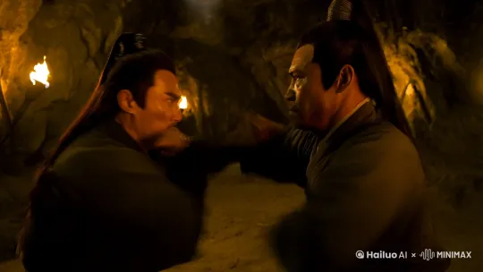 镜头特写两位武林高手在洞穴深处展开生死对决。 by Hailuo AI Video Generator