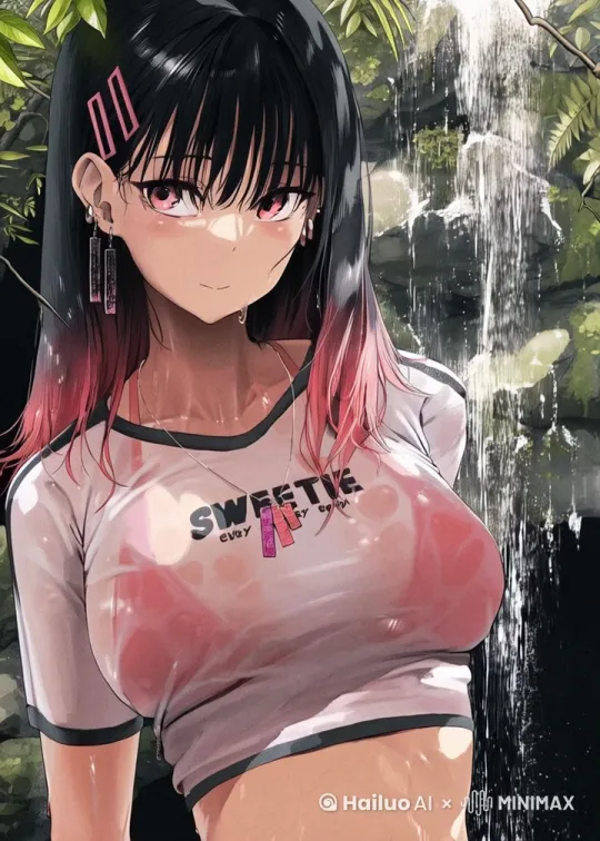 美丽的女孩在风中脱掉外套，背后的绿色植物在晃动。 by Hailuo AI Video Generator