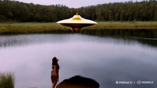 一个金色的UFO在一个平静的湖面上静止的漂浮着，旁边有一个原始人类，惊讶的看着它。 by Hailuo AI Video Generator
