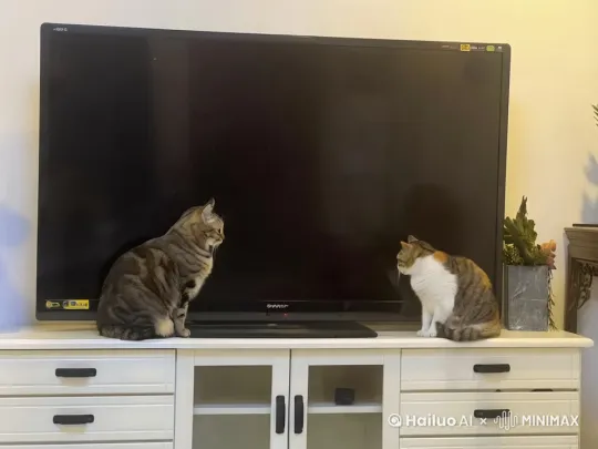 两只猫走到电视中间 嘴对嘴亲嘴 by Hailuo AI Video Generator