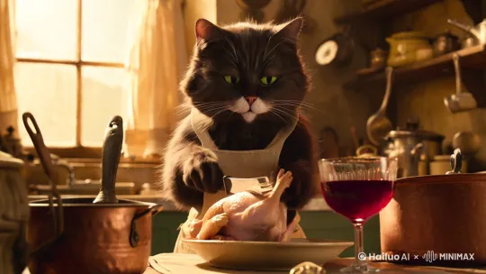 猫腌制一只鸡，打算做一只烤鸡。猫拿着刀叉在吃鸡肉喝红酒 by Hailuo AI Video Generator