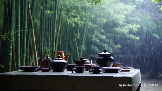 亭子里石桌上摆放着茶具，外在下大雨，风雨吹动着竹林 by Hailuo AI Video Generator