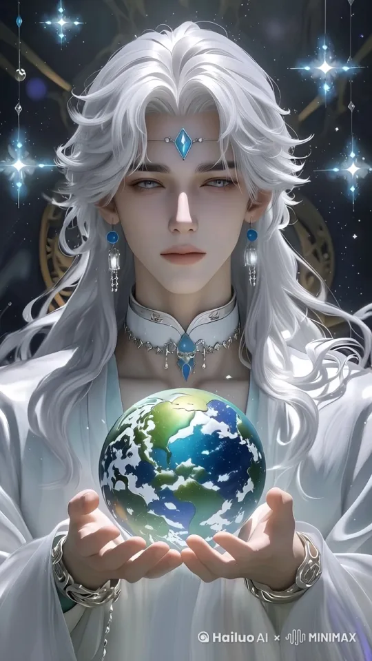 人物发丝轻轻吹动，人物表情怜悯，手上的球体转动 by Hailuo AI Video Generator