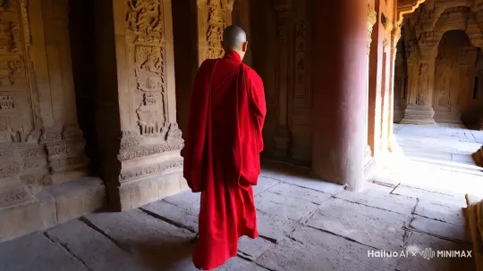 身技红色僧衣，身材高大，略清瘦的和尚在寺庙行走的背影 by Hailuo AI Video Generator