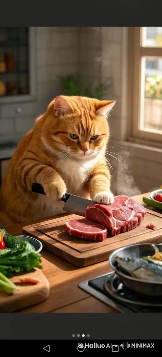 在这充满趣味的画面里，一只俏皮的猫咪竟站在菜板前，摆出一副大厨的架势准备切菜。它那圆滚滚的身子和毛茸茸的爪子，与锋利的菜刀形成了奇妙的对比。
 
光影恰到好处地勾勒出猫咪憨态可掬的轮廓，它专注的眼神中透露出一丝坚定，仿佛在宣告自己即将完成一场厨艺大秀。
 
画面的构图巧妙地将猫咪置于中心位置，周围散落的蔬菜更增添了一份凌乱的欢乐。这看似荒诞的场景，却充满了无尽的童真与幽默，让人忍俊不禁，仿佛进入了一个充满奇思妙想的欢乐世界。 by Hailuo AI Video Generator