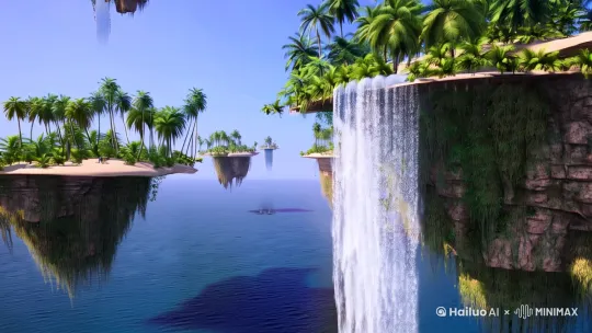 Ultra-Wide Angle, aerial view, some floating islands in the middle of sky, with palm trees and a beach on its surface, people swimming around the waterfall flowing down from its center into an ocean below, realism, a cinematic scene. by Hailuo AI Video Generator