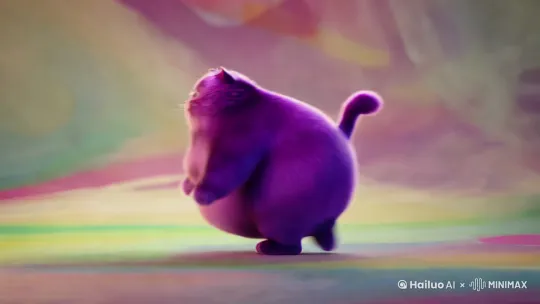 让两只紫色的胖猫相撞在一起。发生爆炸出一大堆的薯条。 by Hailuo AI Video Generator