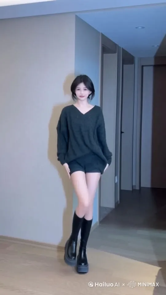 场景：现代简约风格的室内环境，背景为浅色墙壁和木质地板，光线柔和，营造出一种温馨的氛围。

角色：一位高颜值、身材修长的AI美女，身穿黑色宽松毛衣和黑色短裤，搭配黑色长筒靴，整体造型时尚且富有层次感。

动作：AI美女开始跳科目三舞蹈，动作流畅且富有节奏感。包括经典的扭胯、摆手等动作，动作精准且充满力量感。她时而靠近镜头，时而退后，展现出舞蹈的动感和魅力。

音乐：节奏感强的流行音乐作为背景音乐，音乐节奏与舞蹈动作完美契合，增强视觉和听觉的冲击力。

灯光：柔和的自然光，结合一些舞台灯光效果，随着音乐节奏变化，营造出动感的氛围。

镜头：多角度切换，包括正面、侧面和俯视镜头，展示舞蹈的细节和整体效果。镜头运动流畅，配合舞蹈动作，增强视觉体验。

特效：适当加入一些动态特效，如光影效果和镜头抖动，增加视频的动感和现代感。 by Hailuo AI Video Generator