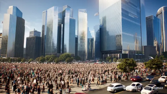 镜头 1：地球城市全景
画面 ：展现繁华的地球城市，高楼大厦林立，车水马龙，人们在街道上忙碌地走动，脸上洋溢着平静和幸福的表情。
时长 ：5s
景别 ：全景
运镜 ：镜头缓慢拉远，全方位展示城市的繁华景象。
音效 ：城市的喧嚣声，汽车喇叭声，人们的交谈声[左移,右摇,跟随] by Hailuo AI Video Generator