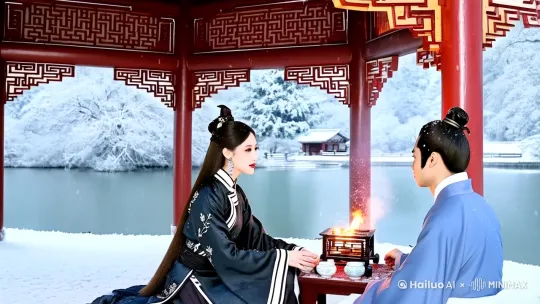 冬日，一座古色古香的六角亭，四周被厚厚的白雪覆盖。亭子中央两个中国美少年侠客坐着喝酒，桌上放着暖酒的火炉。亭外，雪花缓缓飘落，远处是银装素裹的湖面。 by Hailuo AI Video Generator