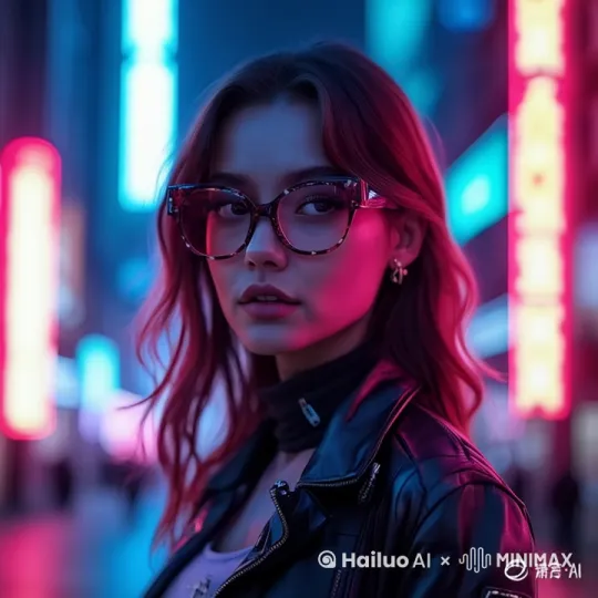  女性站在繁忙的街道中央，镜头从低角度缓缓向上移动，捕捉她佩戴的眼镜反射出的霓虹光芒，背景是充满未来科技感的建筑，人物主体轻咬嘴唇，眨眼 by Hailuo AI Video Generator