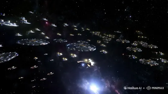 无垠的太空中出现了很多文明星际舰队。镜头是拉远的，深空中这些无数的舰队远处望去像一个个亮点，他们有的排成圆形，有的排成方形，有的排成箭头儿，各种各样的形状，各种各样的文明舰队。舰队集群在集结，在对峙，但是并没有爆发星际战争。他们是保持临界距离的异星文明。像星海军演。每个舰队在引力透镜的扭曲时空中以量子视角观测着宇宙中的无数文明在概率云中的闪烁与烟灭 by Hailuo AI Video Generator