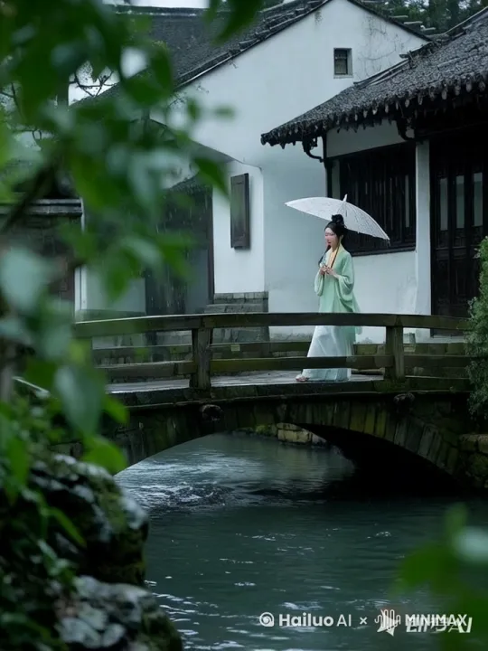 江南女子在桥边，古镇风光无限好，撑伞下雨，小桥流水人家 by Hailuo AI Video Generator