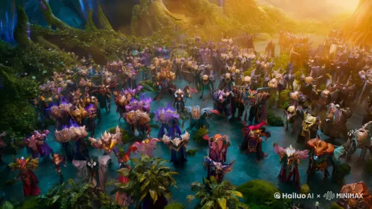 魔兽世界，魔兽聚集的场景，镜头由高到低，魔兽由少到多。切换到近景魔兽对话交流眼神对视，特写拍摄，像人类一样说话交流进行镜头切换。 by Hailuo AI Video Generator