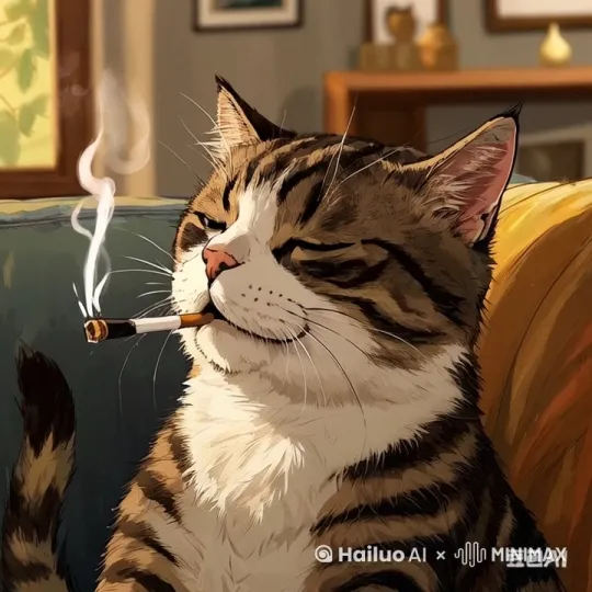 让这个图片里的猫抽一口烟，然后把烟挪开并吐出来一个大烟圈。视频里要配一个弹幕“good morning ” by Hailuo AI Video Generator