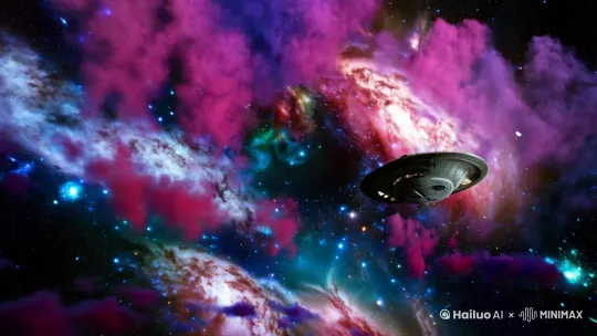 科幻电影，宏大的宇宙背景，数不清的星系和星云，轻微摇镜，远处圆碟型飞行器像一粒小小的尘埃在宏大宇宙中穿行，飞船的渺小与宇宙的浩瀚构成强烈对比，凸显飞船的孤独感 by Hailuo AI Video Generator