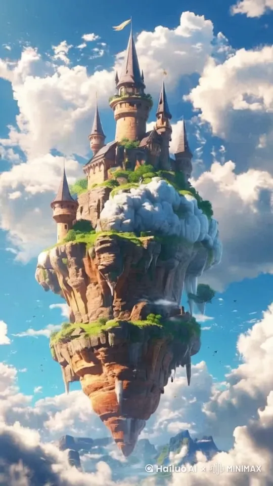 画面主体动态呈现，云朵在空中飘动散开，城堡在缓慢地飞翔前进 by Hailuo AI Video Generator