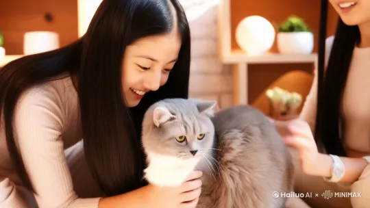 一卵性双生児の姉妹が猫カフェで猫と遊んでいます。
 by Hailuo AI Video Generator