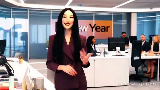 美女主播 给公司做 新年促销业务介绍，背景是公司办公场景，时长1分钟 by Hailuo AI Video Generator