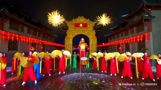 🔥【全景镜头】:
"中国北方传统街道春节盛景,青砖灰瓦建筑群挂满红色灯笼矩阵,金漆雕花牌楼矗立中央,空中绽放巨型牡丹形烟花,飘雪与彩纸齐飞,街道两侧挤满挥舞彩绸的围观群众,4K超清细节"
💃【舞蹈核心】:
"五十人秧歌方阵呈太极阵型舞动,前排八位红衣大妈手持巨型折扇(直径1.5米金边红绸扇),中段二十四青年男女着荧光绸缎服饰跳现代街舞式秧歌步,后方十八位老者击打浮雕牛皮大鼓,领队踩着三米高跷扮演金甲门神"
🎨【色彩体系】:
"主色调:中国红(Pantone 19-1663 TPX)占比60%,辅助色:帝王金(#FFD700)占25%,点缀色:琉璃蓝(#4B9CD3)与翡翠绿(#3EB489)占15%,霓虹灯管勾勒建筑轮廓,灯笼内部有动态走马灯投影"
✨【动态特效】:
"慢镜头捕捉绸缎在-10℃空气中的冰晶轨迹,鼓槌击打时迸发金色声波涟漪,高跷踏步震起地面积雪形成祥云状气浪,AI摄影机360度环绕拍摄时出现残影特效"
🎭【文化细节】:
"街边摊位出现糖画师绘制凤凰图腾,老茶楼二楼窗口探出京剧脸谱孩童,石狮雕像眼中投射全息春联(行书:山河锦绣风光好,天地祥和气象新),无人机方阵组成动态生肖图案"
📽️【电影级运镜】:
"开场10秒航拍镜头从牌楼顶部落至舞阵中心,第25秒切入鼓手汗珠飞溅的特写(汗珠倒映舞者身影),1分08秒镜头随红绸抛起呈现仰视视角,最终3秒镜头拉升展现十里长街万人共舞的超广角画面"
建议搭配音频提示词:"融合陕西腰鼓节奏+电子音乐底噪+人群欢呼声浪+爆竹炸裂声效,关键鼓点与镜头切换精确同步"
这些提示词通过量化参数(色彩配比、人数规模)、感官通感(低温视觉、声波可视化)和文化符号的多维度堆叠,能有效激发AI生成具有电影质感的春节民俗视觉盛宴。 by Hailuo AI Video Generator
