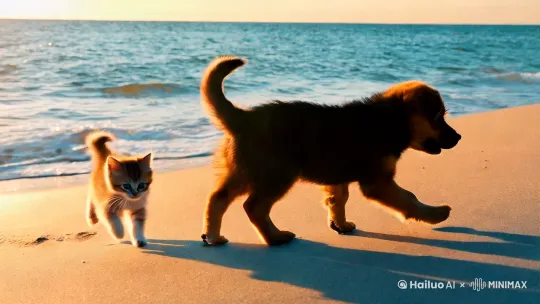 小猫和小狗在海边玩耍 by Hailuo AI Video Generator