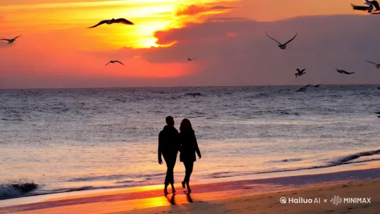 夏天夕阳西下一对情侣傍晚在海边散步，海鸟飞翔，波浪此起彼伏，海滩上比基尼美女吸引眼球， by Hailuo AI Video Generator