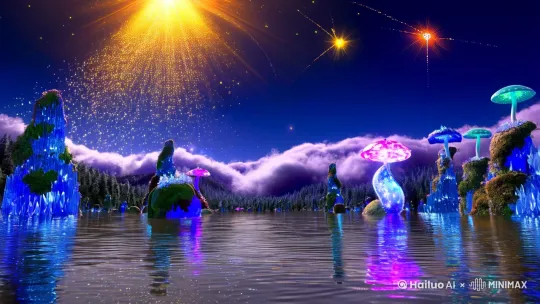 靛紫色的天穹被三颗恒星撕裂，金、橙、靛蓝三色光瀑在云层间流淌。大气中悬浮的棱柱晶体折射出无数破碎彩虹，将整个山谷笼罩在量子态的光影里。我的呼吸面罩内侧结满细小的六边形冰晶，每一次喘息都会在晶体森林中引发蝴蝶效应般的磷光涟漪。

半透明的伞状巨蕈从汞银色湖面拔地而起，菌盖下数以万计的荧光孢子正在跳着布朗运动之舞。那些拳头大小的光点时而坍缩成实体，在接触到湖面金属液的瞬间又化作虚影。湖对岸的螺旋岩柱群正发出低频嗡鸣，柱体表面的生物荧光苔藦随着声波频率变换着色谱，从青金石蓝渐变为中毒般的孔雀绿。

一群果冻状浮游生物突然从湖底升起，它们透明的躯体里游走着星云状的发光粒子。当这些直径两米的球体掠过水面时，液态金属便泛起层层同心圆波纹，每个涟漪边缘都凝结出细小的八面体结晶。我的重力靴突然发出警报——湖心处有反重力漩涡正在形成，上百吨液态金属挣脱引力束缚，在空中凝成不断变幻的几何体。

硫磺味的风裹挟着晶体尘埃掠过，紫色沙地上突然炸开闪电状裂纹。六只甲壳生物从地缝中跃出，它们节肢上的生物荧光纹路正以斐波那契数列的节奏明灭。这些拥有复眼的生物在岩柱间弹跳，金属光泽的尾刺在空中划出带电的弧光，将悬浮的棱镜晶体击碎成星火般的碎屑。

云层上方的极光幕突然扭曲，三颗恒星的光谱在十分钟内完成了红移-蓝移的交替。大气棱镜将这道时空涟漪投射到湖面，我看见自己的倒影分裂成十二个平行版本，每个镜像都在演绎不同的未来可能性。当第7号镜像开始融化时，远处传来水晶森林的共鸣——那是无数中空晶柱在恒星风中奏响的宇宙安魂曲。

湖岸东侧的荧光苔藓突然集体熄灭，菌类伞盖齐刷刷转向西北方。汞银湖面泛起神经突触般的电流网络，某个巨大的阴影正从湖底拓扑结构深处上浮。我的辐射计数器疯狂跳动，面罩显示屏开始闪现非欧几里得几何图形，这是伊莱西亚星对入侵者最后的警告。[右摇,变焦推进] by Hailuo AI Video Generator