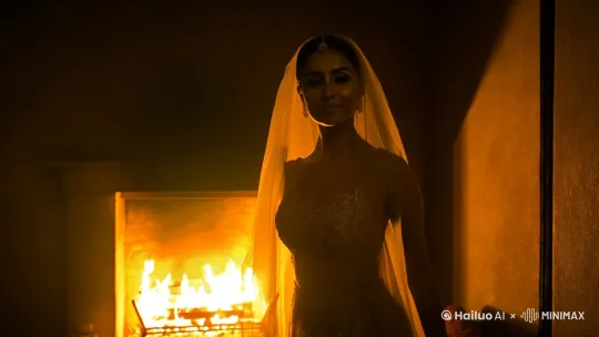 一位美丽的东方人种少妇，画着精致的容妆，身披薄纱，身材性感。她面向镜头走来。环境为夜晚，在一间封闭的房间里，壁炉里燃烧着火焰。人物侧逆光。整体凸显一种神秘的氛围感。高清画质。 by Hailuo AI Video Generator