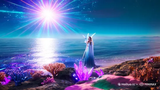 魔晄海岸的时空奇点，奇幻魔法风格，液态星尘构成的海面倒映着悬浮的魔法符文，天空裂开水晶质感的日轮，[左移,右摇,跟随]折射出七重虹光的法则链条，沙滩上生长着呼吸魔晶的荧光珊瑚，时空裂缝中游出半透明的奥术鲸鱼，它们的骨架由星轨构成，喷涌出星沙状的水雾，[右摇,变焦推进]礁石上伫立着披戴月华长袍的魔法师少女，她手中的秘银法杖正在汲取落日余晖，将光粒子编织成飞舞的咒文蝶群，[右移,左摇,跟随]远处海平线浮现出正在解体的浮空城轮廓，魔导力场与自然光影交织出量子化渐变的黄昏，整个画面弥漫着次元交叠的神秘感与魔法潮汐将至的史诗张力[左移,上升] by Hailuo AI Video Generator