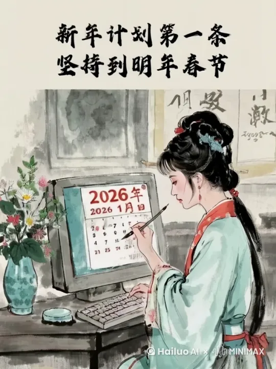 一位女生坐在电脑前面上班，桌上很多文件要处理，拼命敲着键盘，想着新年计划第一条，坚持到明年春节 by Hailuo AI Video Generator