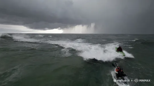 "Stormy sea kayaking extreme challenge, cinematic 4K footage, crashing wave POV, professional athlete battling in grey-green seawater, cold tone high contrast, flying water droplets details, alternating GoPro first-person view and drone overhead shot, slow-motion wave crystallization, apocalyptic clouds, lightning illuminating wave crests, motion blur effect, The Finest Hours movie style --ar 9:16 --v 6.0" by Hailuo AI Video Generator