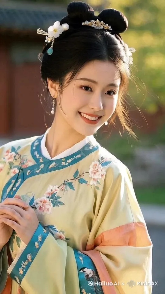 阿瑶、衣着绣着精致花鸟的古装绸缎花衣，梳双螺髻，配珠翠发簪，相貌绝美，春日小镇，小镇街道，阿瑶站在门口，看着热闹街道，面带愁容，镜头固定，明媚春光下的忧愁感。 by Hailuo AI Video Generator