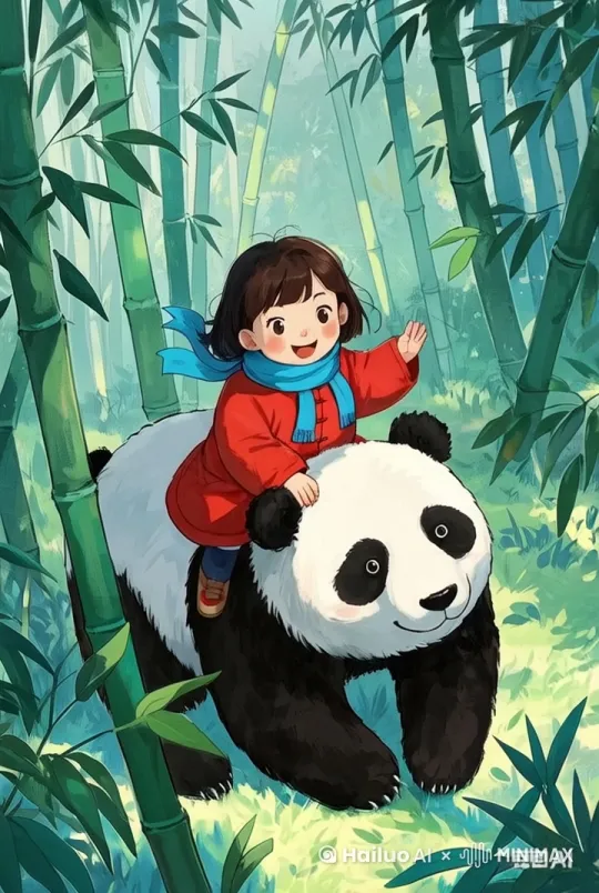 
 
镜头运动：以推镜头开场，从竹林全景逐渐推近，聚焦在小女孩和大熊猫身上。随后保持固定镜头，捕捉小女孩和大熊猫的互动。
 
音效：微风声、竹叶沙沙声作为背景音贯穿始终，小女孩的笑声和大熊猫偶尔的低吼声适时响起，增强视频的真实感和趣味性。 by Hailuo AI Video Generator