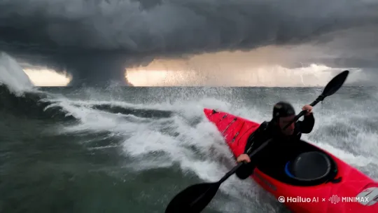 "Stormy sea kayaking extreme challenge, cinematic 4K footage, crashing wave POV, professional athlete battling in grey-green seawater, cold tone high contrast, flying water droplets details, alternating GoPro first-person view and drone overhead shot, slow-motion wave crystallization, apocalyptic clouds, lightning illuminating wave crests, motion blur effect, The Finest Hours movie style --ar 9:16 --v 6.0" by Hailuo AI Video Generator