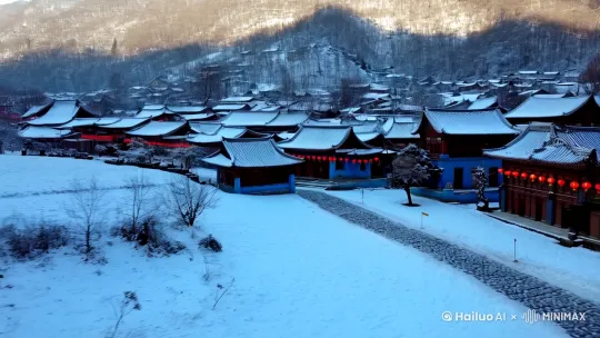 全景，推进，左摇，飘雪覆盖的湘南小镇，青石板路，挂着红灯笼的老宅。全景，上升，远处传来零星的爆竹声。 by Hailuo AI Video Generator