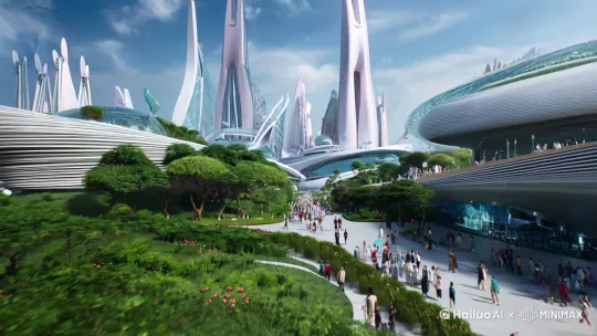 [推进,上升]穿越到2025年的今天，百姓安居乐业，科技迅猛发展，兔子国在世界的舞台上从科技、医疗、民生、基建多维度的发展取得重大成果，且在不断的奋勇向前 by Hailuo AI Video Generator