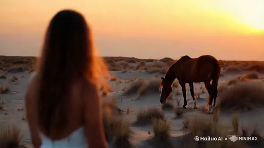 流沙，夕阳，她，长发如洗，细马，草房 by Hailuo AI Video Generator