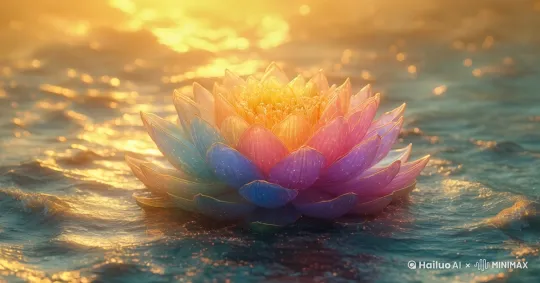 图中的七彩莲花闪耀着晶莹剔透的光芒，周围的海水是淡金色的，海面上飘荡着浓郁的七彩气体，围绕着莲花不停转动。 by Hailuo AI Video Generator