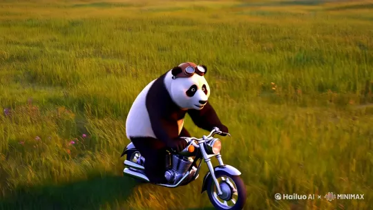 一只熊猫在草原上骑摩托车 by Hailuo AI Video Generator