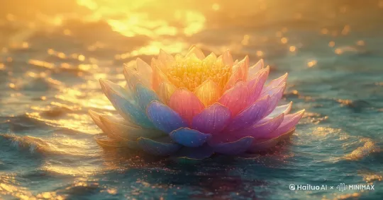 图中的七彩莲花闪耀着晶莹剔透的光芒，周围的海水是淡金色的，海面上飘荡着浓郁的七彩气体围绕着莲花。 by Hailuo AI Video Generator