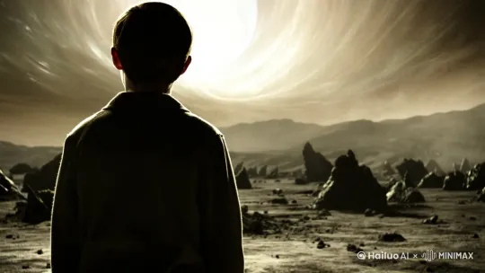 个男孩，背影，孤零零站在满目疮痍的一个星球上，面对无尽的宇宙。真实风格 by Hailuo AI Video Generator