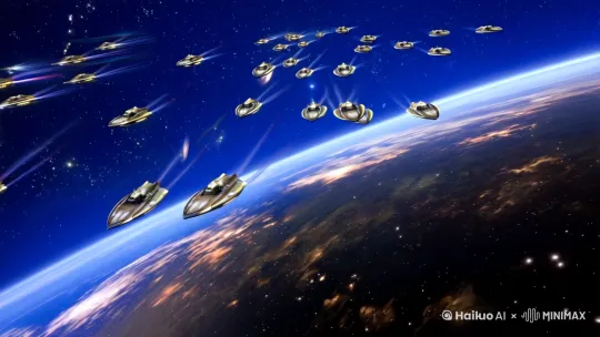 [左移,上升]低角度仰拍，科幻风格，在宇宙中，有许多太空舰队，[下降,上摇]双方打仗，射出激光子弹，场面宏大，高清电影画质32K。 by Hailuo AI Video Generator