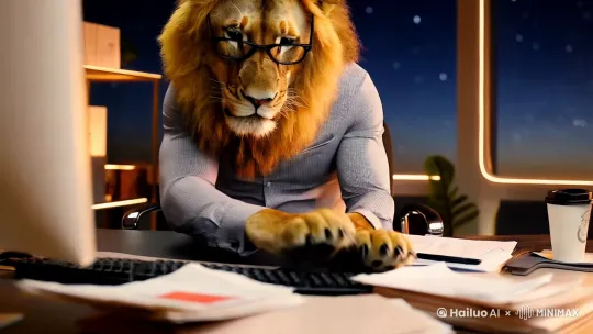 电影级数字合成风格，一只狮子化身设计师，身着经典格子衬衫，鼻梁上架着黑框眼镜，侧身端坐在电脑前。桌上堆积如山的文件，咖啡杯。狮子用肉垫般的爪子持续敲击着键盘，背景是昏黄灯光下的现代办公室一角，窗外夜幕低垂，营造出深夜加班的独特氛围。微距镜头捕捉狮子每一个专注的细节。 by Hailuo AI Video Generator