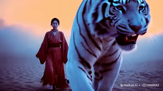 图片生成信息：一个妙龄美女身穿褪色的红衣汉服站在一只体型巨大的白虎身旁，女孩衣衫褴褛，历经风霜，面向镜头行走，白虎体型巨大在行走，背景是一片沙漠背景大雾弥漫，灰暗，灰色调，废土风格，低饱和度，低镜头仰拍镜头，近距离特写镜头，侘寂风格，东方美学，青橙色调，大师杰作，长焦摄影，超清写实摄影，超清8K，极简风格，超高细节
图片 2.0 Pro
9:16 by Hailuo AI Video Generator
