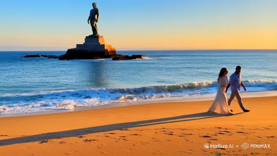 金色的沙滩，夕阳西下，海神像巍然耸立，两位情侣手拉手一起走 by Hailuo AI Video Generator
