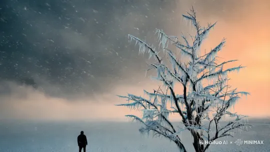 灰蒙蒙的天空,雪花缓缓飘落,一颗枯树孤零零伫立,枝桠挂满水晶。色调冷白与浅蓝为主,点缀暖橙光晕,画面蒙一层薄雾感。灰蒙蒙的天空,雪花缓缓飘落,一颗枯树孤零零伫立,枝桠挂满水晶。色调冷白与浅蓝为主,点缀暖橙光晕,画面蒙一层薄雾感。远景:男子身影渐行渐远,最终化为雪原上的黑点。镜头拉高,荒原与天空融为一体,只剩风雪呼啸。
最后画面:一片雪花落在枯树枝头 by Hailuo AI Video Generator