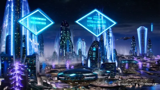 镜头缓缓推入一座悬浮于暗物质云团中的未来都市，全金属建筑表面流淌着液态霓虹数据流。天际线处巨大的量子反应堆核心不断坍缩重组，辐射出幽蓝脉冲波。街道上漂浮着半透明全息广告牌投影着未知文明的文字，空气中弥漫着淡紫色能量雨滴。前景掠过三架菱形飞行器，尾部拖拽着离子火焰轨迹，地面裂谷中爬出机械触须状外星植物，叶片表面布满生物电路纹路。突然天空撕裂出虫洞漩涡，银甲战士从能量风暴中跃出，其装甲缝隙透出炽白光芒，手持的相位步枪蓄能环层层点亮。背景深空浮现巨大外星母舰轮廓，表面几何结构不断拓扑变换，底部发射出琥珀色牵引光束笼罩整个城市。采用赛博朋克霓虹光效与宇宙深空冷色调碰撞，加入动态发光粒子与全息界面数据流特效，镜头穿梭于赛博机械丛林与量子虚空之间，最终以时空畸变产生的多维空间折叠收尾。[右移,左摇,跟随] by Hailuo AI Video Generator