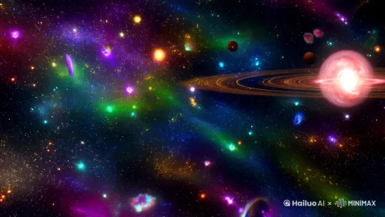 宇宙中未知星系，两颗超大质量恒星以超快速度相撞，碰撞后的冲击波导致附近的星体运行轨迹都发生偏移 by Hailuo AI Video Generator