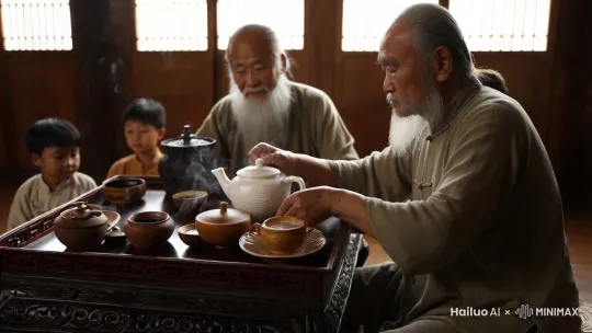 一个白胡子爷爷坐在茶台旁边，煮着功夫茶，对面坐着三个孙子，爷爷给孙子讲着人生哲学，还有一个小孙子在旁边玩着陀螺，奶奶在旁边缝着孙子的衣服 by Hailuo AI Video Generator